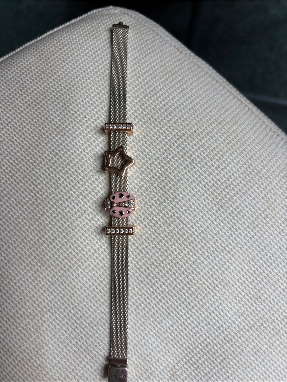 Pandora Silver Mesh Reflexions Bracelet with Pink Enamel Ladybug, Star, Pave Bar